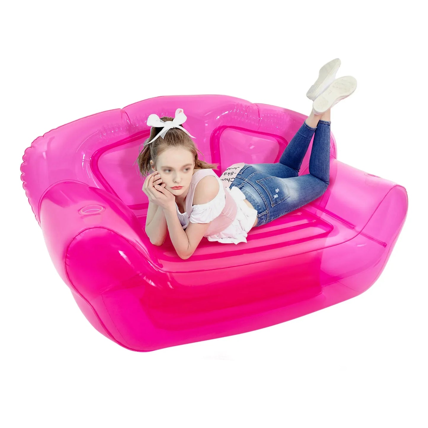 KTN Inflatable Transparent Clear Pink Sofa Couch with Cupholders