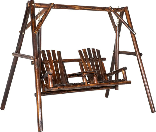 Hodi Rustic Natural Fir Wooden Porch Swing with Center Table