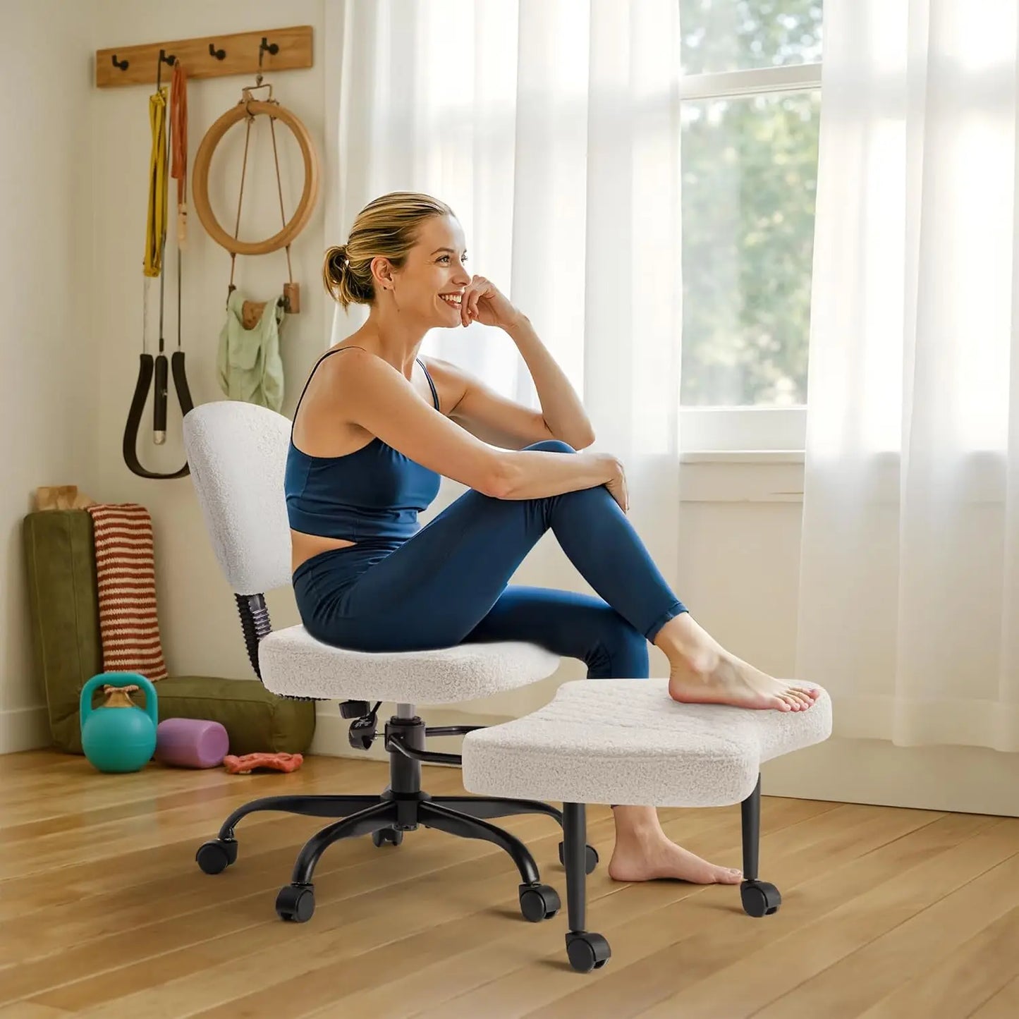 Furmax Ergonomic Criss Cross Office Chair with Wheels, Kneeling Desk Chair with Footrest or Pet Rest